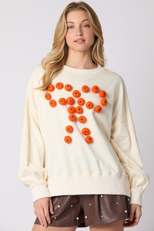 Bow Pattern 3D Pumpkin Sweater Cream