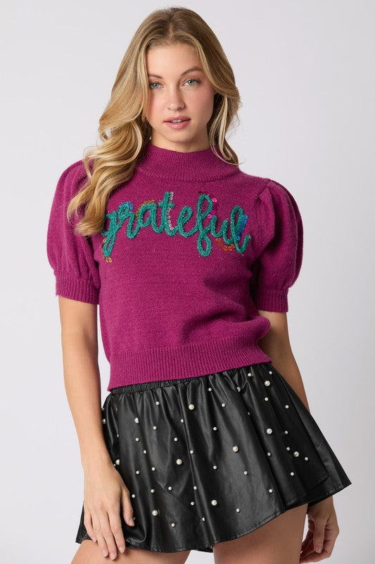 'Grateful' Puff Short Sleeve Sweater Plum