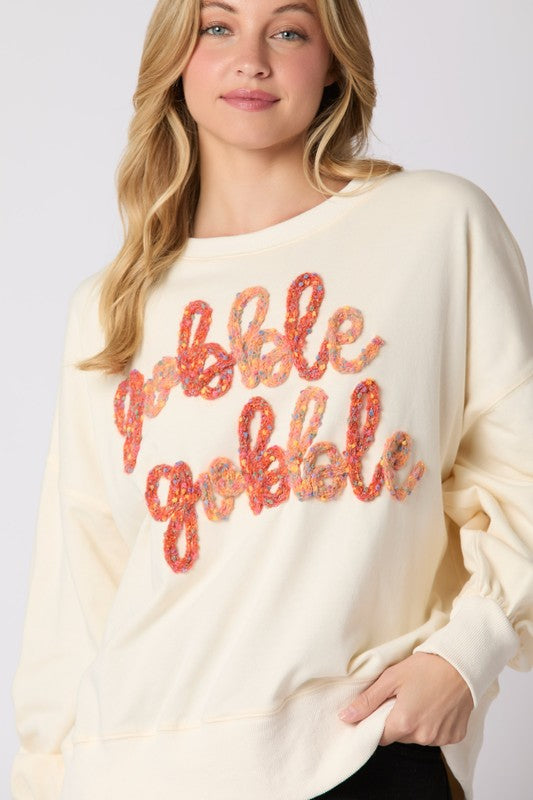 'Gobble Gobble' Thread Embroidery Top Cream