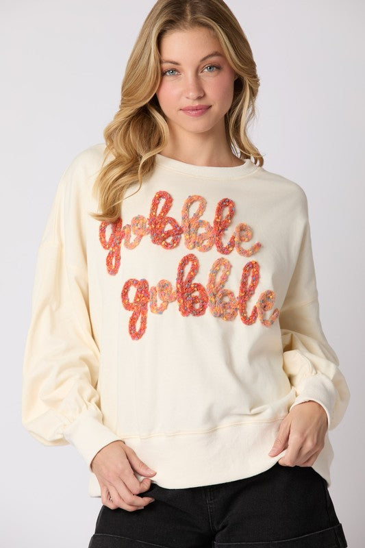 'Gobble Gobble' Thread Embroidery Top Cream