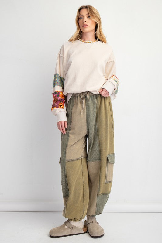 Color Block Terry Knit Cargo Pants Olive