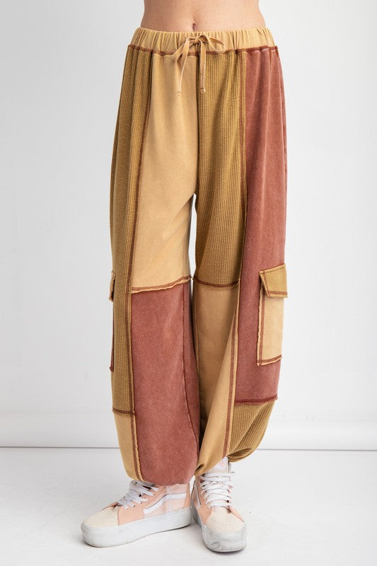 Color Block Terry Knit Cargo Pants Camel