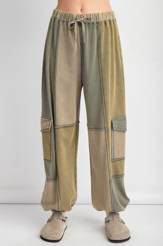 Color Block Terry Knit Cargo Pants Olive