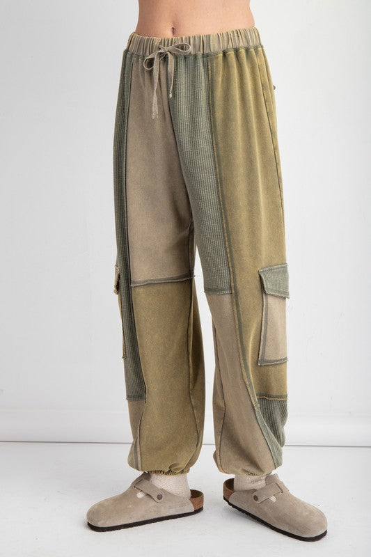 Color Block Terry Knit Cargo Pants Olive