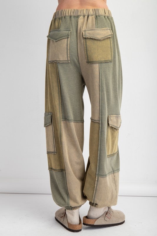 Color Block Terry Knit Cargo Pants Olive