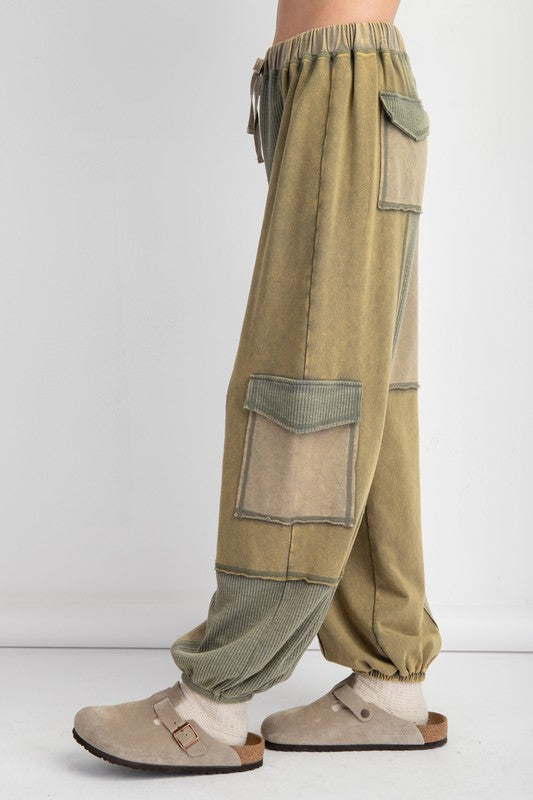 Color Block Terry Knit Cargo Pants Olive