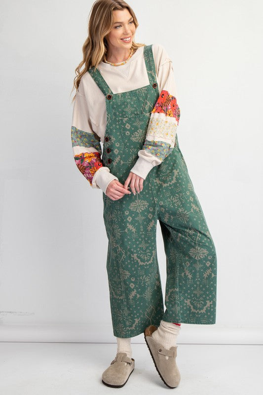 Printed Loose Fit Overalls Pine Green