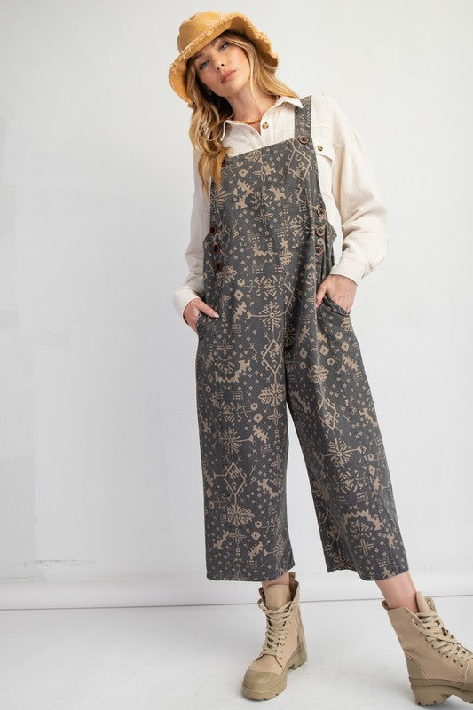 Printed Loose Fit Overalls Black