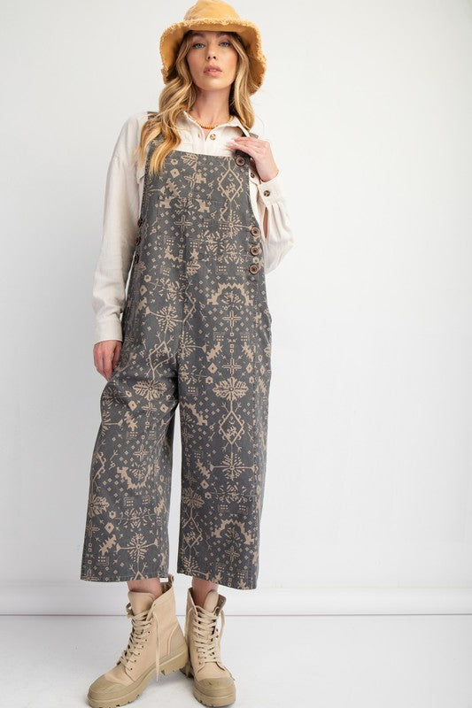 Printed Loose Fit Overalls Black