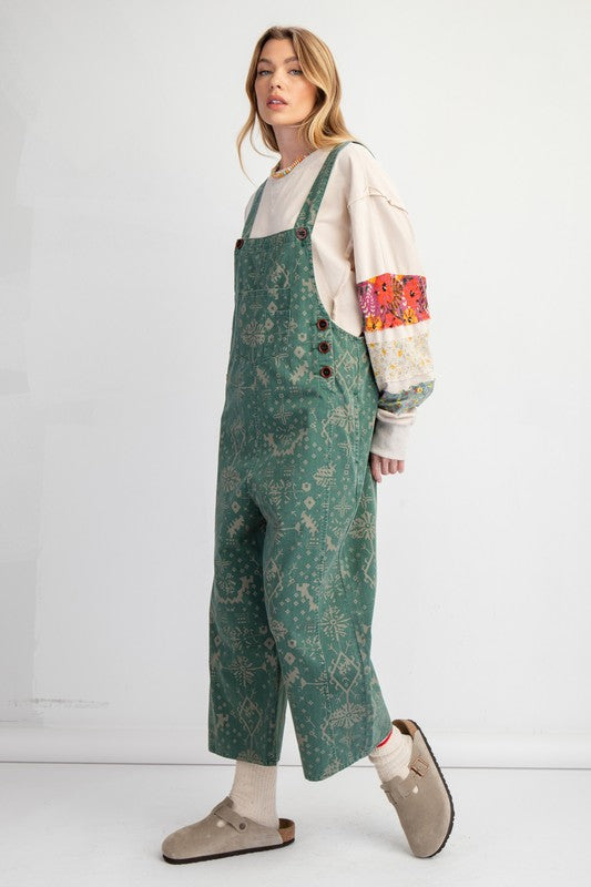 Printed Loose Fit Overalls Pine Green