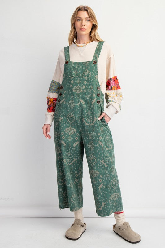 Printed Loose Fit Overalls Pine Green