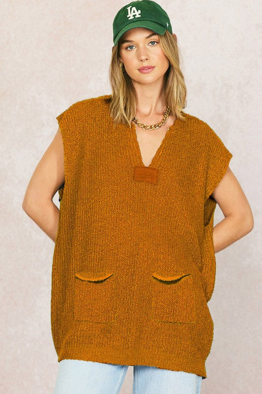 Tunic Patch Pockets Vest Sweater Camel