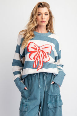 Ribbon Stripe Knit Sweater Top Teal