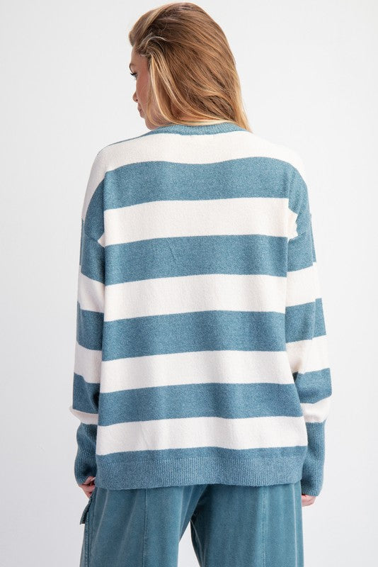 Ribbon Stripe Knit Sweater Top Teal