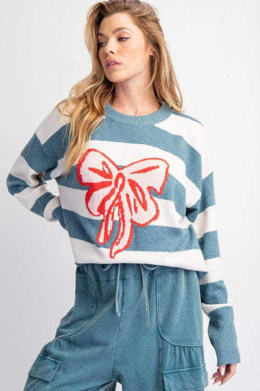 Ribbon Stripe Knit Sweater Top Teal