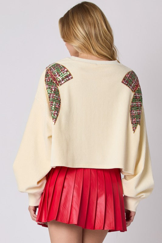 Corduroy Christmas Bow Sequin Sweater Cream