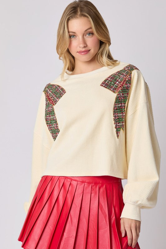 Corduroy Christmas Bow Sequin Sweater Cream