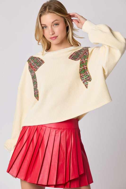 Corduroy Christmas Bow Sequin Sweater Cream