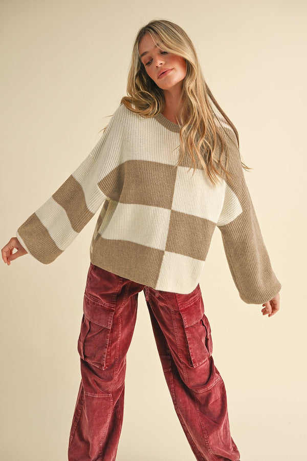 Checkered Striped Back Sweater Mocha