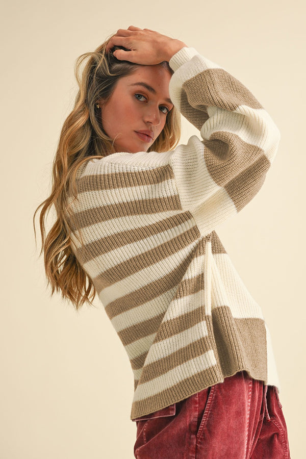 Checkered Striped Back Sweater Mocha