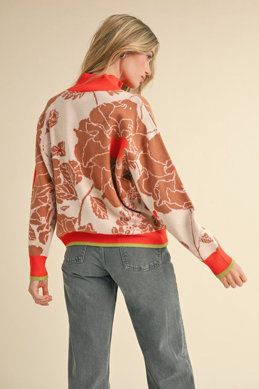 Floral Knit Half Zip Pullover Orange Taupe