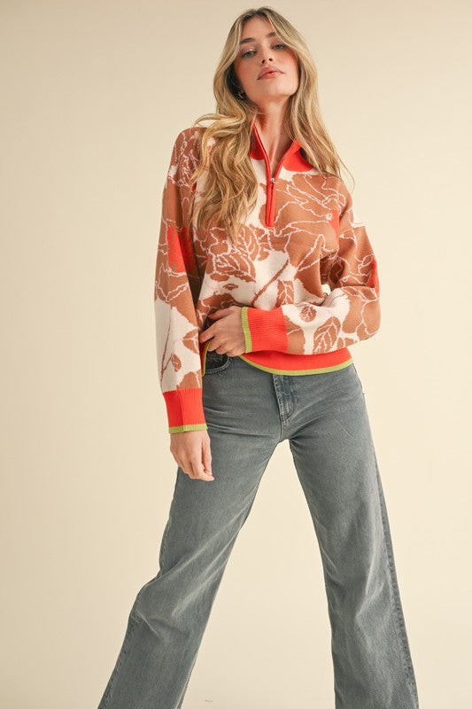 Floral Knit Half Zip Pullover Orange Taupe