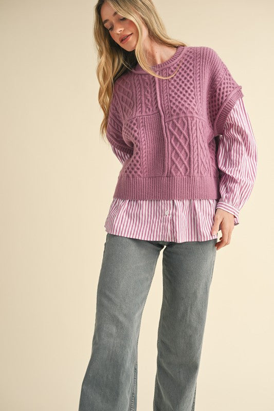 Striped Shirt ad Knit Sweater Combo Orchid