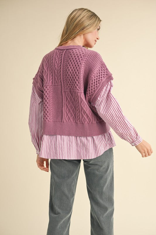 Striped Shirt ad Knit Sweater Combo Orchid