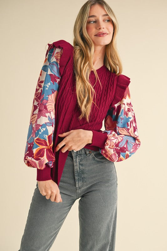 Floral Sleeve Sweater Top Blush