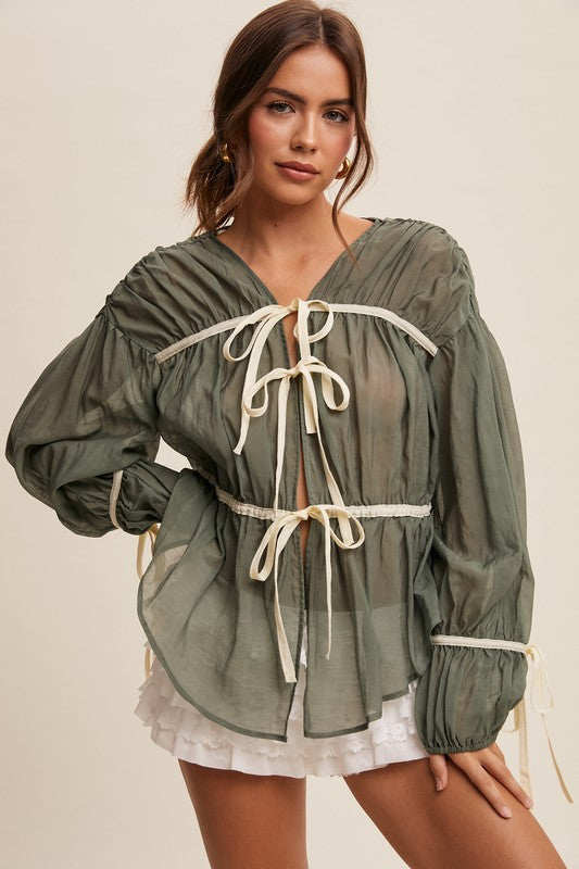 Bow Tie Front Contrast Blouse Top Emerald