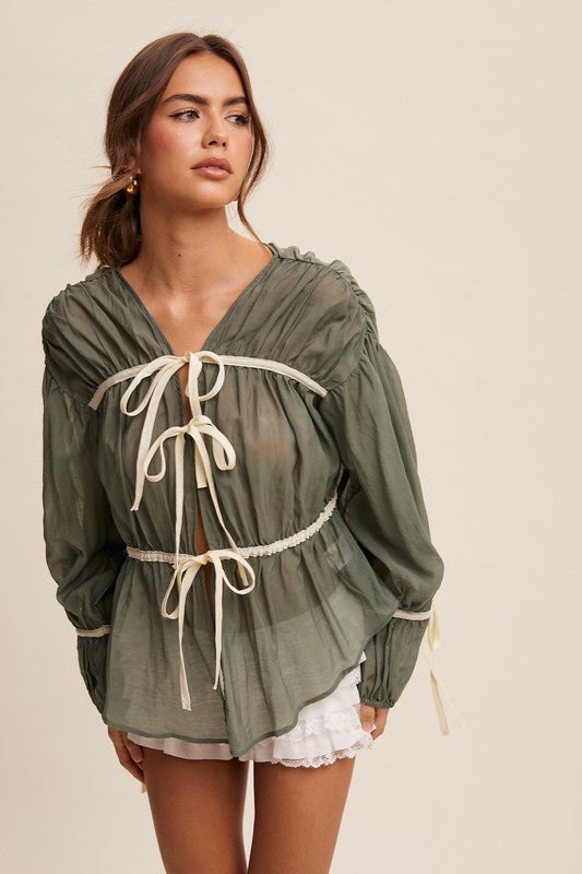 Bow Tie Front Contrast Blouse Top Emerald