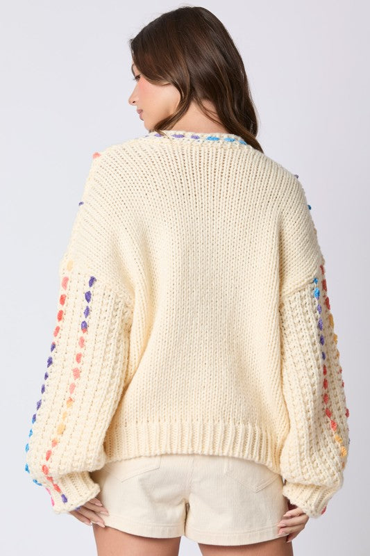 Multi Color Thread Stitching Detail Sweater Cream