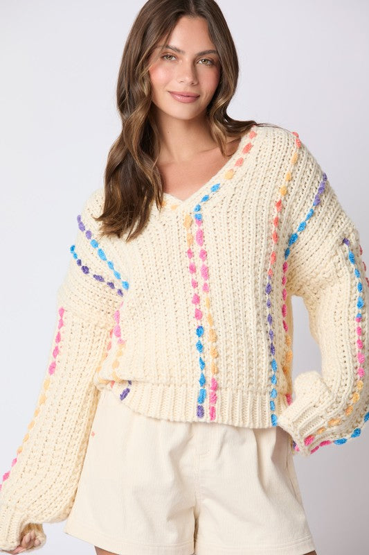 Multi Color Thread Stitching Detail Sweater Cream