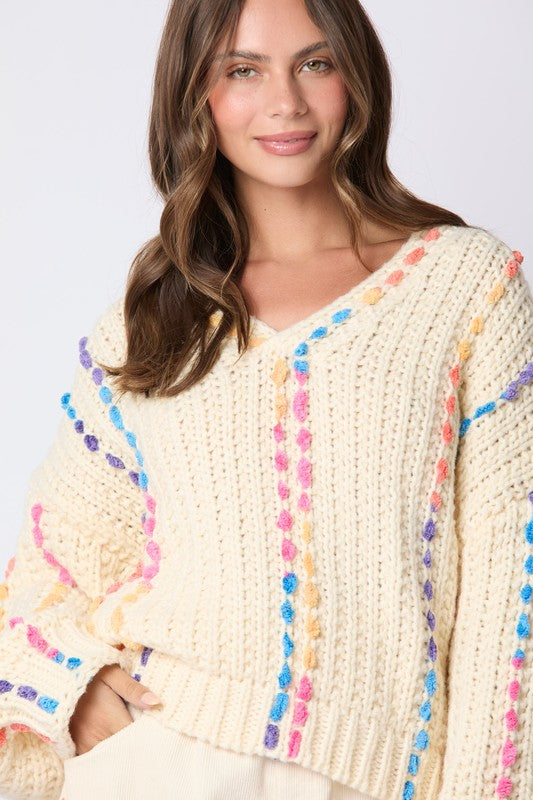 Multi Color Thread Stitching Detail Sweater Cream