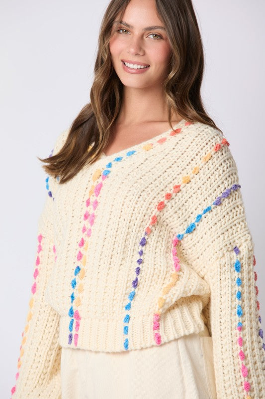 Multi Color Thread Stitching Detail Sweater Cream