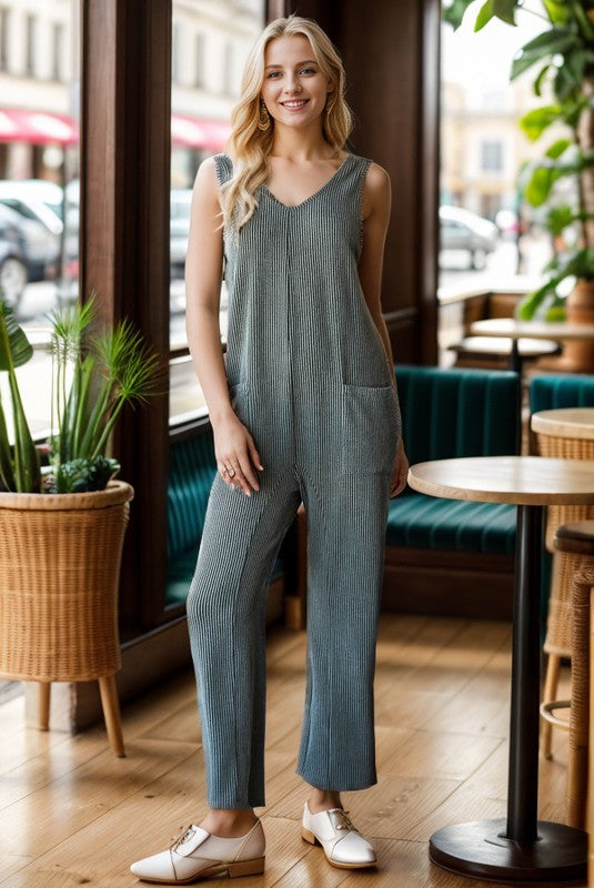 Ribbed Sleeveless Jumpsuit Olive