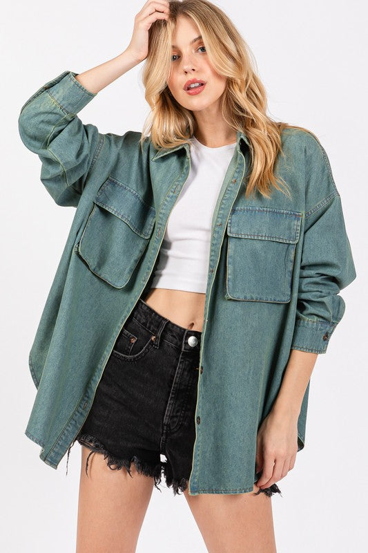 Washed Denim Oversized Shirt Sage