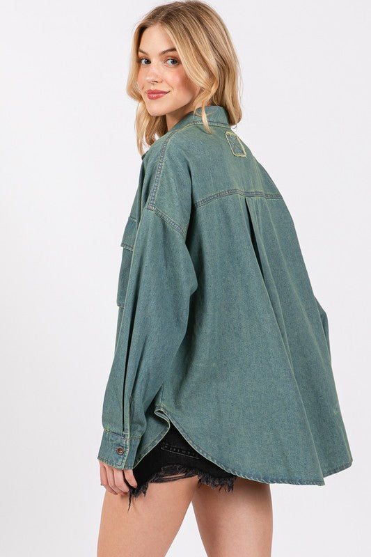 Washed Denim Oversized Shirt Sage