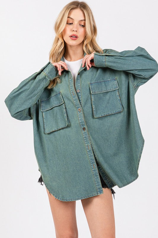 Washed Denim Oversized Shirt Sage