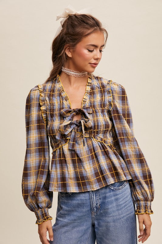 Plaid Front Bow Tie Smocked Top Mocha