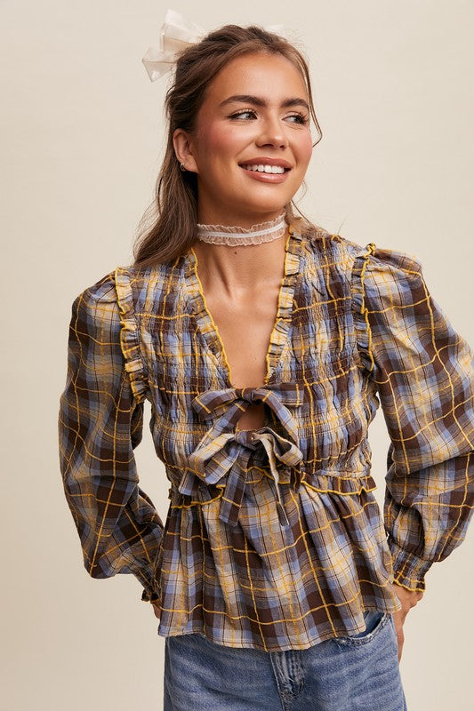 Plaid Front Bow Tie Smocked Top Mocha