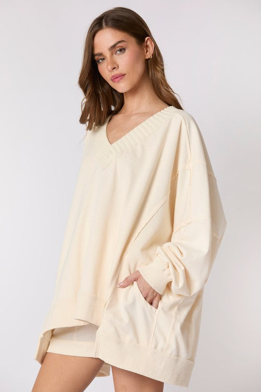 Long Sleeve V-Neck Sweatshirt Top Cream