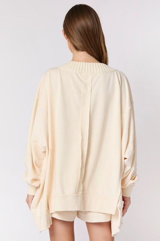 Long Sleeve V-Neck Sweatshirt Top Cream