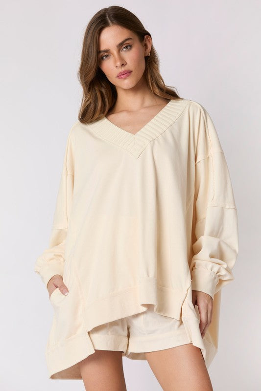 Long Sleeve V-Neck Sweatshirt Top Cream