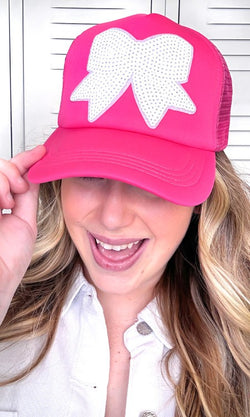 Sparkle Bow Sequin Trucker Hat Hot Pink