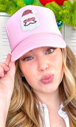 Sparkle Santa Face Sequin Trucker Hat Light Pink