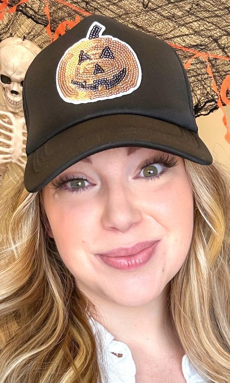 Sparkle Pumpkin Sequin Trucker Hat Black