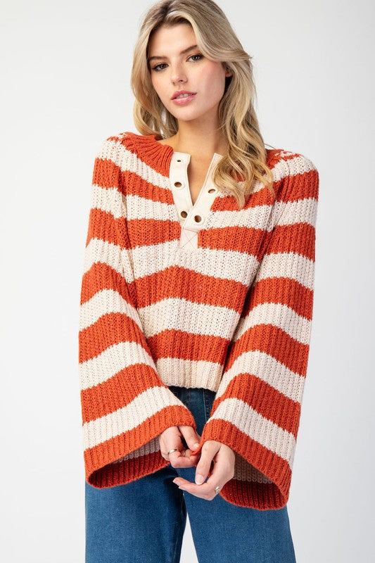 Striped Bell Sleeve Swaeter Top Orange