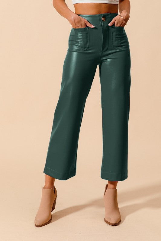 Faux Leather Wide Leg Boot Cut Pants Hunter