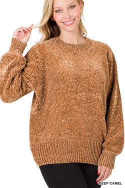 Balloon Sleeve Chenille Sweater Camel